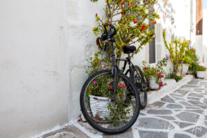 Bicycle propped in a laneway, Parikia, Paros Greece.