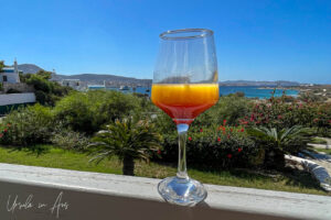 Orange cocktail and view from the Agnanti Hotel, Paros Greece