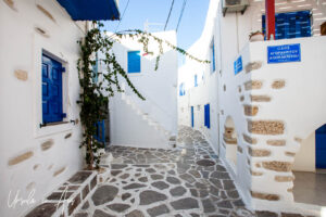 Narrow winding street, Parikia, Paros Greece.
