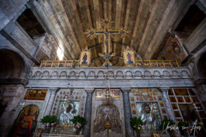 Altar and cross in the Church of Panagia Ekatontapiliani, Parikia, Paros Greece.