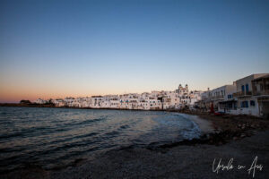 Naoussa harbourfront at twilight, Paros Greece.