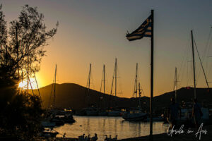 Orange sunset on Naoussa Harbour, Paros Greece