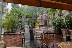 Rain in Paris from a coffee shop, France