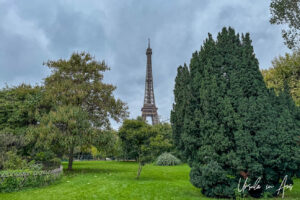 The Eiffel Tower from across the green, Paris France