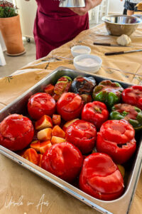 A tray of red stuffed capsicum, Platia, Naxos Greece