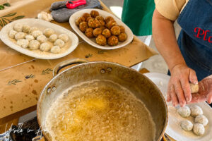 Meatballs and a bubbling pot of fat, Platia cooking school, Naxos Greece