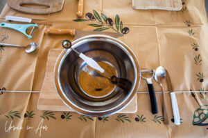 Steel bowl and kitchen utensils, Platia, Naxos Greece