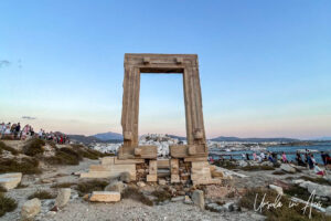 Marble gateway to the Temple Of Apollo with the city behind, Naxos Greece