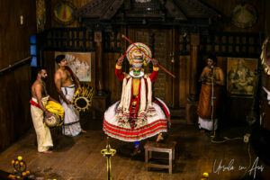 Arjunan on stage, Great K V Kathakali Center in Fort Kochi, Kerala India