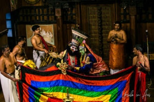 Shiva and Parvathi on stage, Great K V Kathakali Center in Fort Kochi, Kerala India