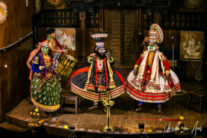 Shiva, Parvathi and Arjunan on stage, Great K V Kathakali Center in Fort Kochi, Kerala India