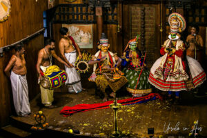 Actors on stage, Great K V Kathakali Center in Fort Kochi, Kerala India