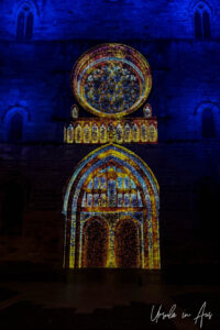 Coloured lights after dark, Cathédrale Saint Étienne de Cahors, France.