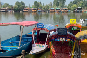 Shikara on a wooden dock, Dal Lake, Jammu and Kashmir, India