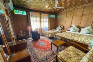 Inside a houseboat bedroom, Dal Lake, Jammu and Kashmir, India