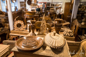 Carved wooden items in a showroom, Srinagar, Jammu and Kashmir, India