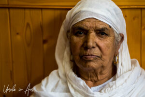 Portrait, old Kashmiri woman in a white headscarf, Srinagar, Jammu and Kashmir, India