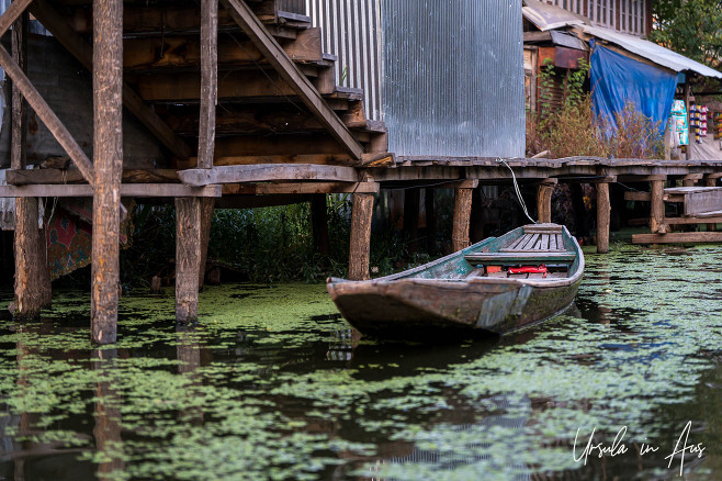 Low wooden boat at the pier of a house or store, Dal Lake, Jammu and Kashmir, India 