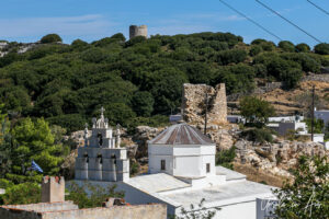 View over mills, a church, and the countryside, Apeiranthos, Naxos, Greece