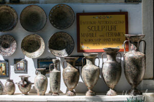 Front of a marble and ceramics boutique, Apeiranthos, Naxos, Greece