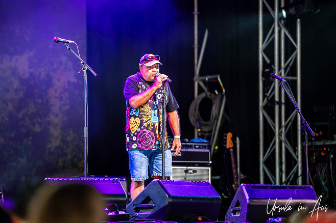 Man in Aboriginal design t-shirt, Byron Bay Bluesfest, Australia 