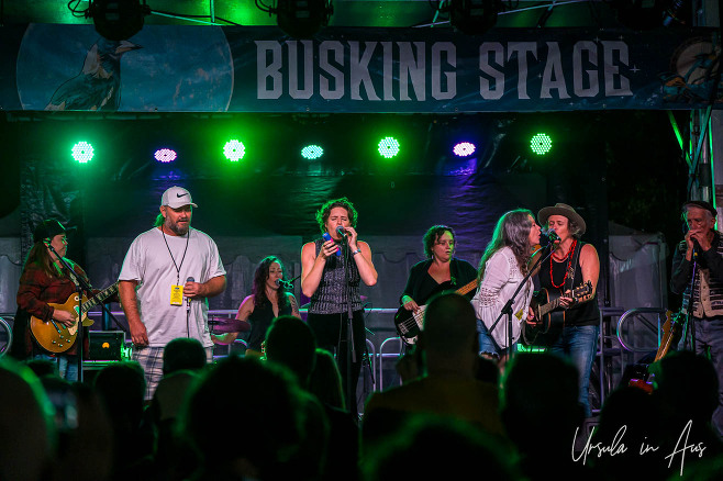 Hussy Hicks and friends on the Busking Stage, Byron Bay Bluesfest, Australia