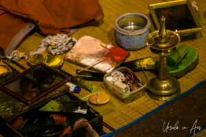 Pots of Kathakal makeup, Kerala Kathakali Centre, Fort Kochi, India