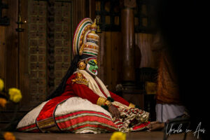 Bhima seated on the stage, Kerala Kathakali Centre, Fort Kochi, India