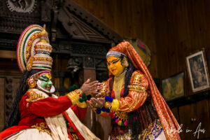 Bhima and Panchali on stage, Kerala Kathakali Centre, Fort Kochi, India