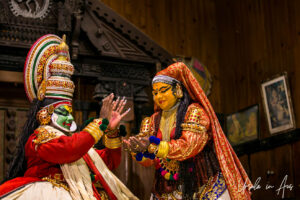 Bhima and Panchali on stage, Kerala Kathakali Centre, Fort Kochi, India