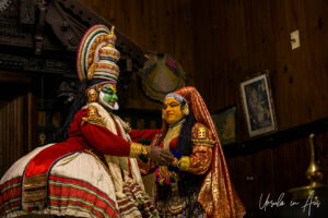 Bhima and Panchali on stage, Kerala Kathakali Centre, Fort Kochi, India