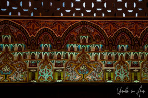Carved and painted decorated wall, Mosque of Hassan II, Casablanca Morocco