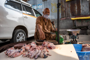Seated man smoking a hookah, with raw meat, Srinagar in Jammu and Kashmir, India