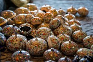 A pile of paper mache pots, Kawoosa Arts and Crafts, Srinagar, Jammu and Kashmir, India.