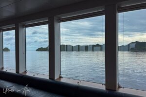Tropical islands through the wet ship windows, Raja Ampat, Indonesia