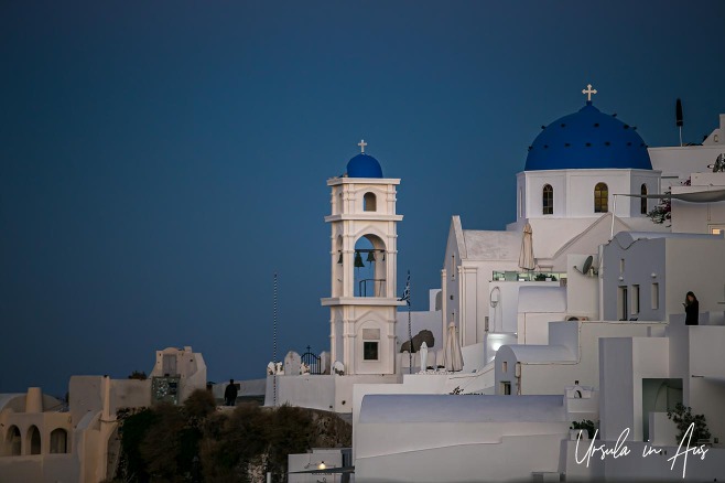 Orthodox Church in pre-dawn light, Fira Santorini Greece.