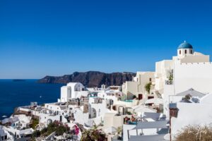View over the blue domes of Oia, Santorini Greece.