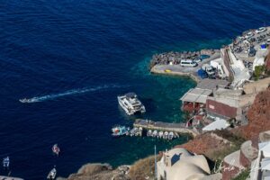 Looking down over Ammoudi Bay from Oia, Santorini Greece.