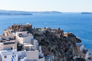 View across the Castle of Oia and the caldera, Santorini Greece.