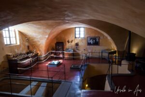 Looking down into the Venetsanos Winery, Megalochori village, Santorini Greece