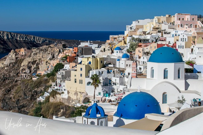 View over the blue domes of Oia, Santorini Greece.