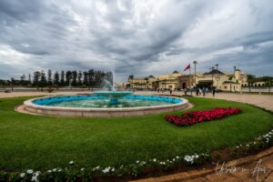 Fountain in green Royal Palace gardens, Rabat Morocco.