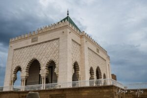 Entry to the Mausoleum of Mohammed V from the bottom of the stairs, Rabat Morocco.