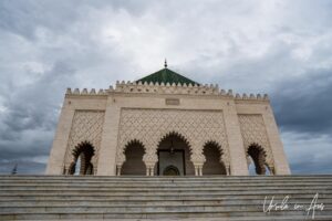 Entry to the Mausoleum of Mohammed V from the bottom of the stairs, Rabat Morocco.