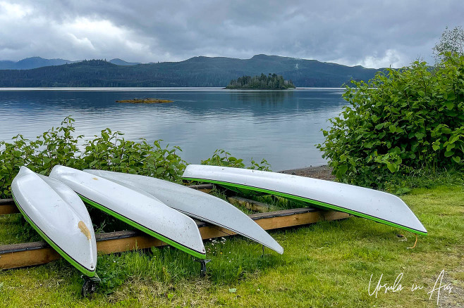 Upside down canoes on the foreshore, Daajing Giids Haida Gwaii BC Canada