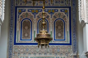An ornate brass chandelier in the Mausoleum of Moulay Ismail, Meknes, Morocco