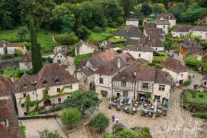 Overlooking a cluster of half-timbered houses, Saint-Cirq Lapopie, France