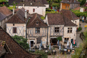Overlooking a cluster of half-timbered houses, Saint-Cirq Lapopie, France