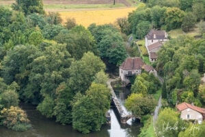 The Moulin de l'Aulanac and the Lot River from above, Saint-Cirq Lapopie, France