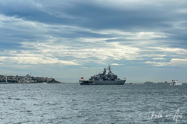 Turkish naval ship against the horizon, the Bosphorus, Istanbul Türkiye